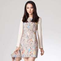 CSLR城市俪人 女装春装上新时尚印花圆领撞色连衣裙涂鸦拼接女裙CA5W17WD01(米杏/XL)