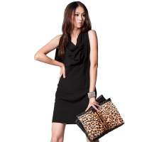 CSLR城市俪人 女装春新荡领修身连衣裙褶皱不规则裙子3CB3W50WD01(黑色/S)