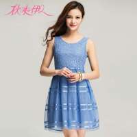 秋水伊人 女装甜美公主蕾丝拼接条纹式网纱织带背心连衣裙 122102009(深蓝/L)