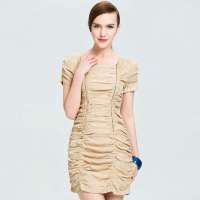 秋水伊人 女装淑女褶皱拉链拼接连衣裙子女122102023(棕米色/S)