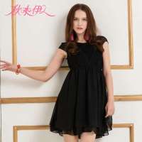 秋水伊人 女装淑女褶皱雪纺修身连衣裙122102055(黑色/L)