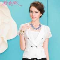 秋水伊人 女装清新修身百搭网纱压褶木耳边蝴蝶结收腰外套122107025(本白/L)