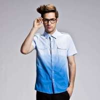 艾夫斯 男欧美帅气条纹渐变色纯棉短袖衬衫21221120014（冰蓝/XXL)