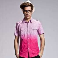 艾夫斯 男欧美帅气条纹渐变色纯棉短袖衬衫21221120014(玫红/S)