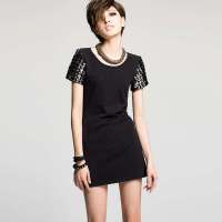 七格格 女装新款金属感亚克力装饰袖子长款T恤女3MA1048L(黑色/M)