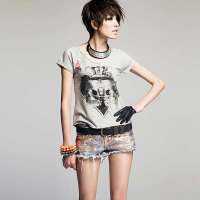 七格格 女装新款个性骷髅扑克印花修身短袖T恤3MA2005L(灰色/L)