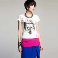 七格格 女装新款个性骷髅扑克印花修身短袖T恤3MA2005L(白色/M)