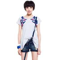 七格格 女装不规则下摆蝴蝶翅膀印花宽松短袖T恤12A20134(灰色/XL)