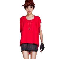 七格格 女装下摆撞色拼接蝙蝠袖宽松短袖T恤12A20183(西瓜红/XL)