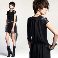 七格格 女装夏季新款PU皮拼接飘逸后摆雪纺连衣裙3MB1014L(黑色/M)