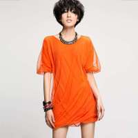 七格格 女装新款双层面料朦胧网纱短袖连衣裙3MJ1008Q(橙色/均码)