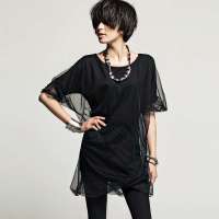 七格格 女装新款双层面料朦胧网纱短袖连衣裙3MJ1008Q(黑色/均码)