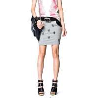 七格格 女装夏季新款金属骷髅装饰PU皮拼接半身裙3MP1006L(灰色/L)