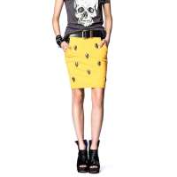 七格格 女装夏季新款金属骷髅装饰PU皮拼接半身裙3MP1006L(黄色/M)