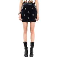 七格格 女装夏季新款金属骷髅装饰PU皮拼接半身裙3MP1006L(黑色/M)