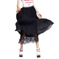 七格格 女装春季雪纺百褶长裙蕾丝半身裙12MO073001F(黑色/L)