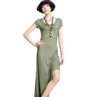 七格格 女装连衣长裙夏季OL通勤修身连衣裙长裙短袖22B6210(军绿色/M)