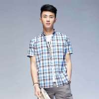 唐狮 男式 男大格短袖衬衫613211013418(雾蓝XL)