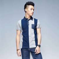 唐狮 男式 男丹宁领拼块短袖POLO衫613211026412(浅麻灰XL)