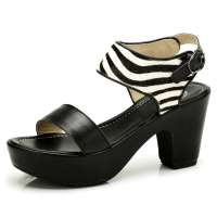 CAMEL/骆驼女 豹纹马毛粗跟凉鞋81078606黑色36