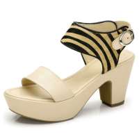 CAMEL/骆驼女 豹纹马毛粗跟凉鞋81078606米白39