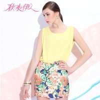 秋水伊人 女装时尚印花撞色拼修身无袖雪纺连衣裙子韩版632102001(桔红/L)