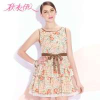 秋水伊人 女装时尚印花荷叶边高腰修身雪纺连衣裙子韩版632102062(桔黄/L)