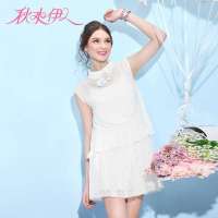 秋水伊人 女装网纱拼接A版型雪纺连衣裙子韩版632102213(本白/M)