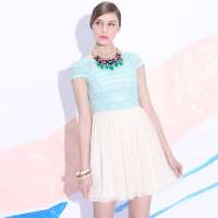 秋水伊人 女装镂空针织网纱撞色拼接修身连衣裙子夏季韩版632102040(水绿/XL)