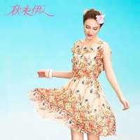 秋水伊人 女装淑女印花优雅荷叶边修身无袖雪纺沙滩连衣裙122102077(桔黄/S)