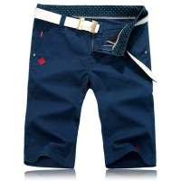 笛凡/DF 男装休闲直筒枫叶刺绣纯色中分短裤XK872(蓝色/33)