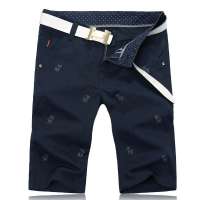 笛凡/DF男装纯色全棉休闲直筒短裤小鹿奔腾刺绣XK871(蓝色/33)