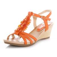 皮尔世绅串珠真皮坡跟纯色甜美露趾高跟凉鞋A537051橙色36码