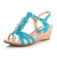 皮尔世绅串珠真皮坡跟纯色甜美露趾高跟凉鞋A537051蓝色39码