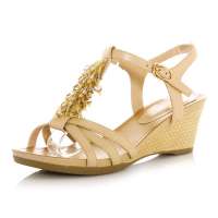 皮尔世绅串珠真皮坡跟纯色甜美露趾高跟凉鞋A537051杏色35码