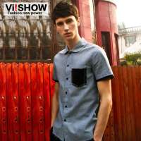 viishow  时尚休闲拼接透气男士短袖衬衫CD080(浅蓝色/M)