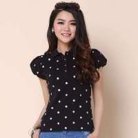 艾夫斯 女英伦学院波点泡泡袖短袖POLO衫21222122008(黑色/M)