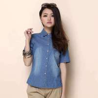 艾夫斯 女欧美帅气水洗短袖牛仔衬衫21222120020(中牛仔蓝/XS)