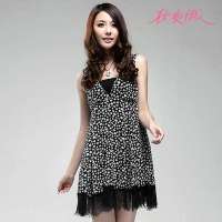 秋水伊人 女装时尚V领印花蕾丝拼接雪纺连衣裙112502419(粉红/S)