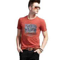 欧榜男装全棉圆领短袖征服者印花T恤11089(杏红/L)