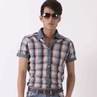 格男仕 男牛仔布拼接格子短袖衬衫D020(咖橙格/XXL)
