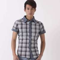 格男仕 男牛仔布拼接格子短袖衬衫D020(咖蓝格/XXL)