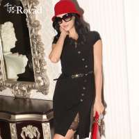 千路短袖蕾丝真丝连衣裙(黑色/105)