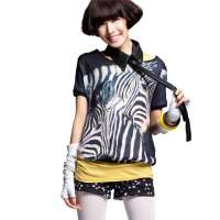 七格格 女装OTHERMIX韩版宽松黑色斑马蝙蝠短袖T恤女22A1211(黑色斑马花/L)