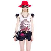 七格格 女装OTHERMIX夏装新款个性肩饰人像印花吊带小背心女22S2111(白色/L)