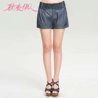 秋水伊人 女装休闲百搭蕾丝腰封纽扣装饰卷边热裤女短裤子122208034(牛仔蓝/L)