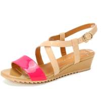 卡文/cover夏季新款头层牛皮凉鞋拼色坡跟单鞋CM39409头层牛皮/桃红色/浅粉色35