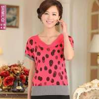 诗米利琪 女装印花短袖V领针织衫T恤C-231(玫红色 XXL)