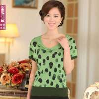 诗米利琪 女装印花短袖V领针织衫T恤C-231(绿色 L)