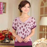 诗米利琪 女装印花短袖V领针织衫T恤C-231(紫色 XXL)